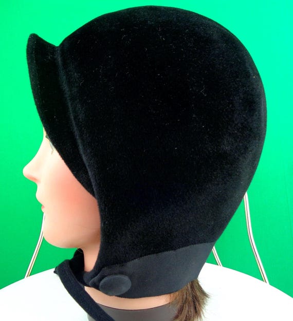 Vintage Retro Jet Ink Black Velvet Tie Skull Capulet Cloche Hat 1940s 1950s Mid Century Wedding Party Evening Formal Prom Gift Accessorize