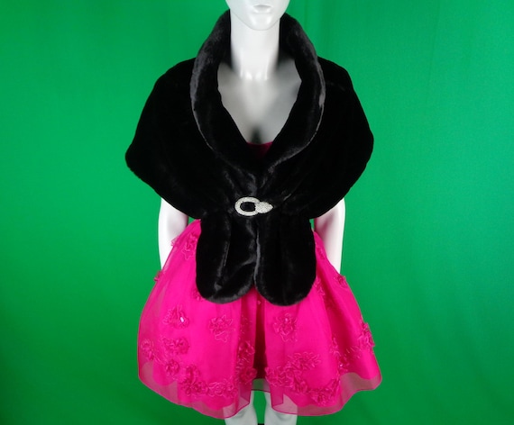 Vintage Retro Clothing Laura Petites Faux Fur Shawl Wrap Shrug Scarf 2000s Ink Black Accessorie Wedding Party Evening Formal Gift Rhinestone