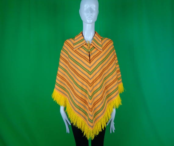 Vintage Retro Clothing Pullover Cape Poncho 60s 70s Hippie Boho Mod S M L Stripe Yellow Green Red Black White Jersey Wool Fringe Casual Gift