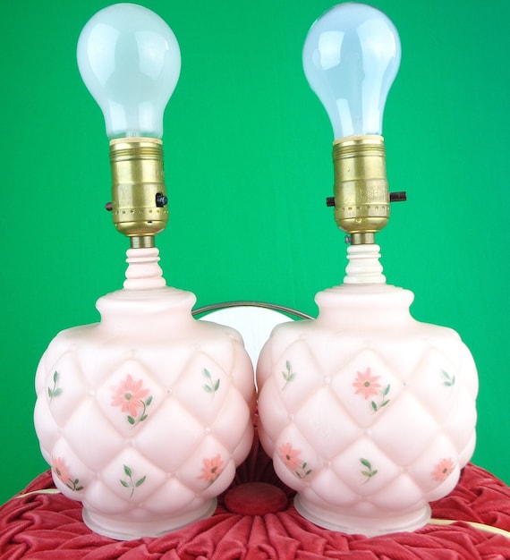 Vintage Retro Table Desk Lamps Set Night Lights 1950s 1960s Mid Century Frost Quilt Baby Pink Accent Home House Decor Gift Electrical Tested