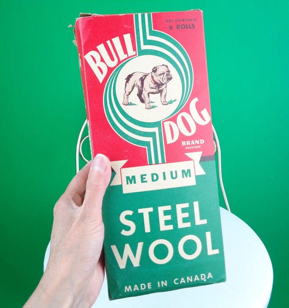 Vintage Retro Bull Dog Brand Steel Wool Box 1940s 1950s Mid Century Medium 2 Rolls Workshop Cleaning Polish Package Advertisement Home Gift