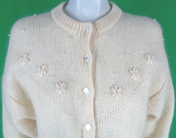 Vintage Retro Clothing Apparel Mohair Ivory Button Cable Knitwear Wool Cardigan Sweater Top 1960s 70s S Formal Casual Party Gift Snowy Peak