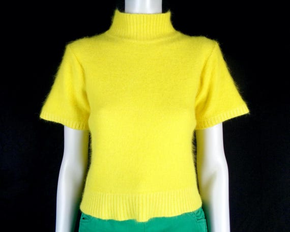 Vintage Y2K Bendel Angora Pullover: Sunny Yellow Mock-Neck Sweater Top Blouse Shirt Clothing Apparel