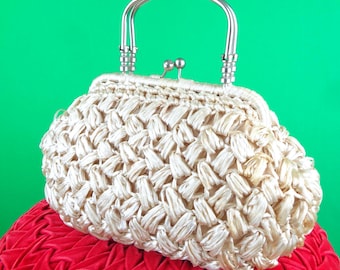 Vintage Raffia Straw Handbag: 1950s-60s Top Handle Purse Mid Century Party Wedding Accessory Gift