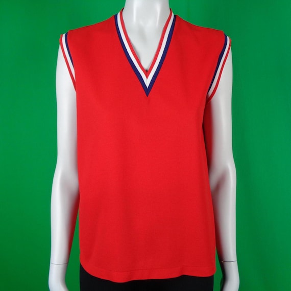 Vintage Retro Clothing Apparel Nautical Pullover Top Tee Shirt Blouse Jersey 1960s 70s Mid Century LG Sport-wear Casual Gift Red Blue White