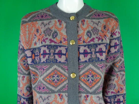 Vintage Retro Clothing Apparel Camela Button Cardigan Sweater Top 1960s 1970s LG 34 Party Evening Formal Casual Gift Gray Orange Purple Blue
