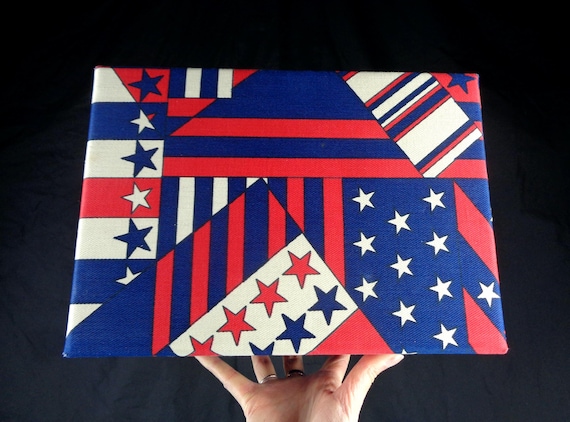 Vintage 50s Buxton Jewelry Box Mid Century Stars Stripes Canvas Velvet Case Chest USA