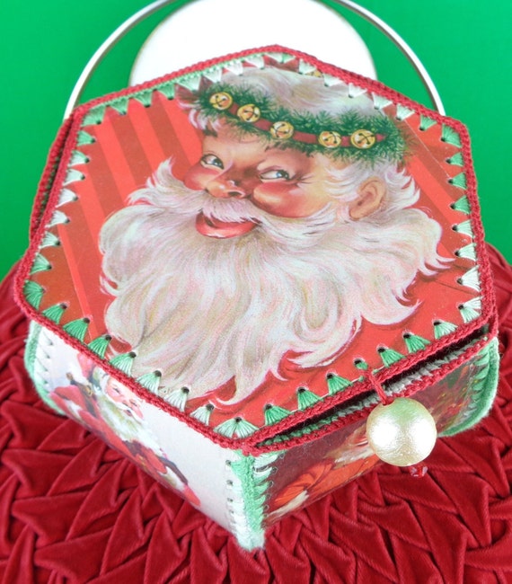 Vintage Retro 1950-60s Handmade Santa Claus Card Lid Basket: Mid Century Christmas Holiday Decor Gift