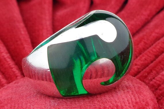 Vintage Retro Statement Sterling Silver 925 Ring Jewelry Accessorie Size 6 Green Dome Resin Index Keepsake Memento Party Adult Gift