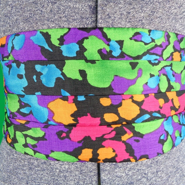 Vintage Retro Womens Girls Mens Boy Accessorie Cummerbund Belt Stretch Black Green Blue Pink Purple Orange Abstract Poly 1980s 90s Medium LG