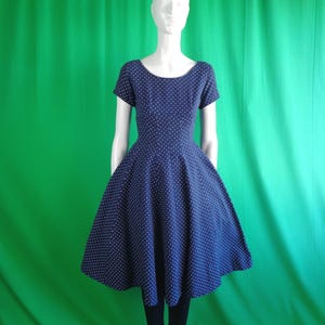 Vintage Retro Clothing Apparel Polka Dot Dress Cotton Navy Blue 1950s 1960s Mid Century S Waffle Wedding Party Formal Day Evening Gift