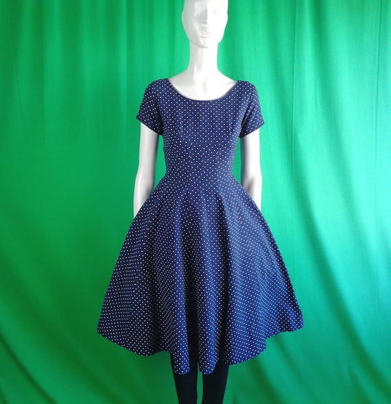Vintage Retro Clothing Apparel Polka Dot Dress Cotton Navy Blue 1950s 1960s Mid Century S Waffle Wedding Party Formal Day Evening Gift