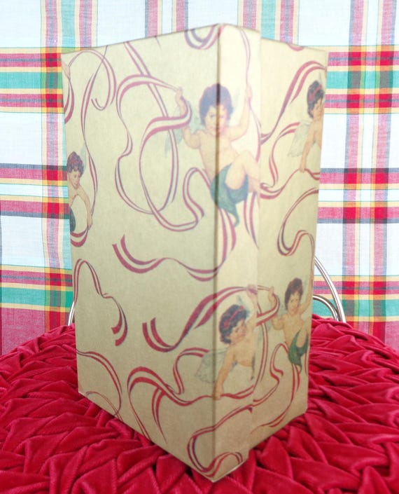 Vintage Retro Collectible Decorative Angel Box Bin Tote 40s 50s Small Rectangular Mid Century Craft Gold Red Storage Organization Home Gift