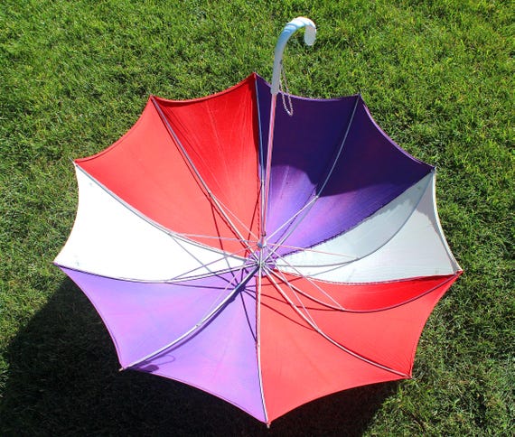 Vintage Retro Umbrella Parasol Canopy Rain Sun Accessorie 1940s 50s Mid Century Red Purple White Nylon Wedding Party Formal Evening Gift