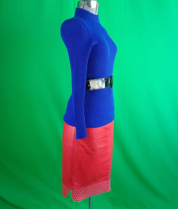 Vintage Charles Jourdan Paris Red Leather Pencil Skirt: 1970s Designer Party Evening Clothing Apparel
