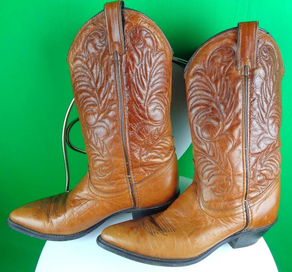 Vintage Retro ACME Tall Brown Leather Cowboy Girl Boots Footwear 1970s 1980s CA US 7 1/2 M Western Rodeo Ranch Farm Campus Casual Wear Gift