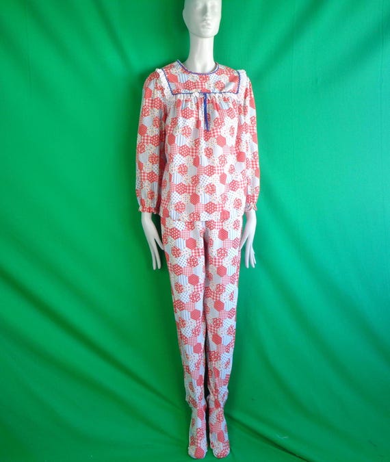 Vintage Retro Clothing Onesie Cotton Patchwork Pyjamas Nightwear Set 1960s 1970s Flannel Top Shirt Pants Floral  Casual Gift Slumber Party