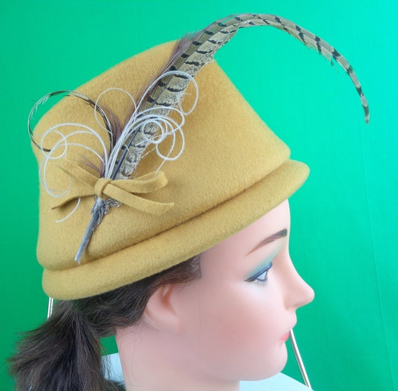 Vintage Retro Accessorie Feather Bucket Top Hat 1940s 50s Mid Century Statement Yellow Wool Large Bird Pheasant  Wedding Party Formal Gift