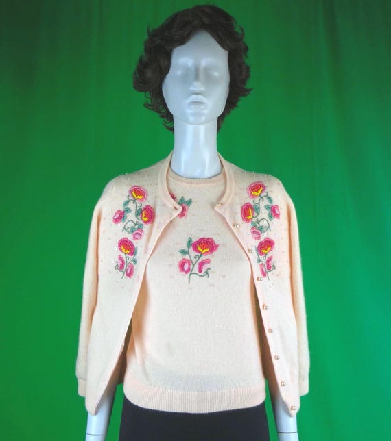 Vintage Angora Wool Sweater Set: 1970s Pink Floral Embroidered Button up Cardigan Pullover Gift