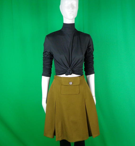 Vintage Retro Mod French Clothing Eaton's Wool Mini Pleat Skirt 1960s 70s Short Scooter Canada Designer Small Green Formal Casual Party Gift