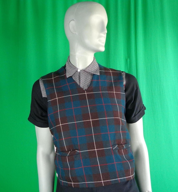 Vintage 50s Plaid Knit Sweater Vest - Mid Century Modern M Tartan Pullover Town-line Sport-wear
