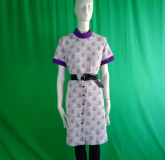 Vintage Retro Handmade Clothing Scooter GoGo Day Shift Dress 1960s 1970s Mod Large Purple White Novelty Pattern Wedding Party Evening Gift