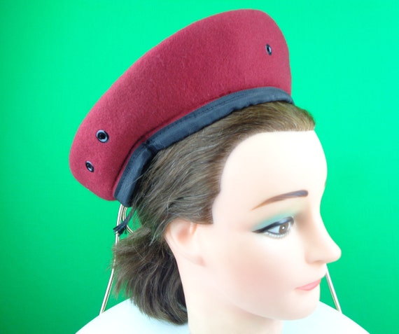 Vintage Retro Wool Army Beret Tam Hat 1980s 90s Ruby Red Tie Military Solider Troops 23" Casual Formal Gift Accessorie Party Evening