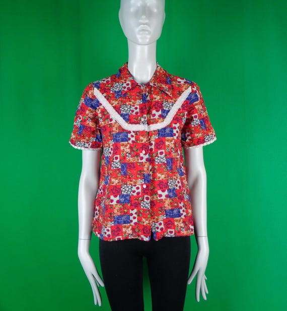 Vintage Retro Handmade Clothing Apparel Button Blouse Shirt Top 1960s 1970s S Patch Work Peasant Gunny Sack Western Casual Sport-wear Gift