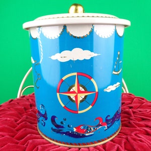 Vintage Retro Decorative Nautical Coastal Tin Box Bin 1960 Container Canister Mid Century Collectible Storage Organization Home Decor Gift