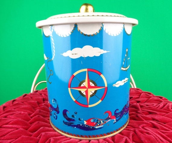Vintage Retro Decorative Nautical Coastal Tin Box Bin 1960 Container Canister Mid Century Collectible Storage Organization Home Decor Gift