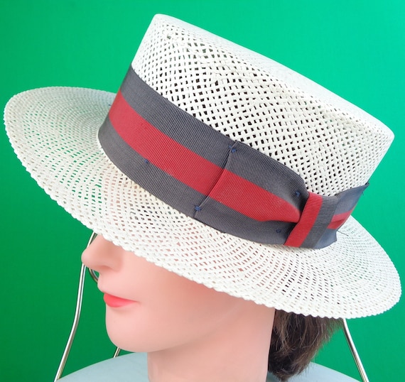 Vintage Retro Accessorie French Magill Kentucky Derby Straw Large Sun Skimmer Hat 1950s 1960s Mid Century White Brown Red Gatsby Boat Gift