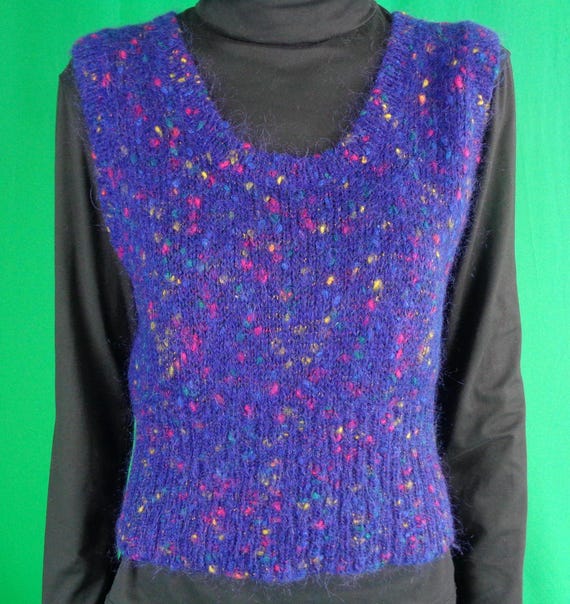 Vintage Retro Clothing Apparel Mohair Pullover Sweater Knitwear Tweed Vest Top 1980s 1990s LG Acrylic Purple Blue Pink Party Evening Gift
