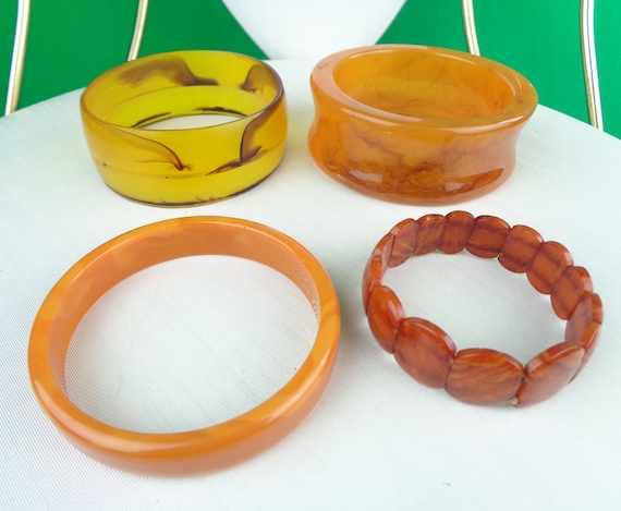 Vintage Retro Slide Stretch Spinner Bracelet Bangle Jewelry 1960s 70s Yellow Orange Brown Marble Wedding Party Evening Formal Accessory Gift
