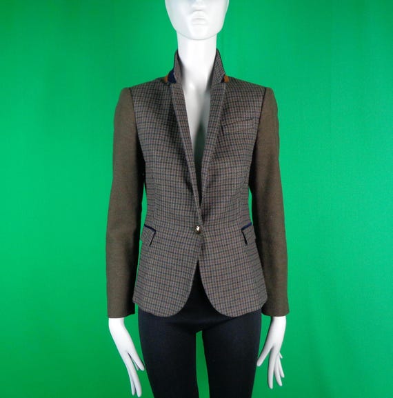 Vintage Retro Clothing Zara Blazer Suit Jacket Dress Coat Blue Green Brown Gray Equestrian Style Wedding Party Evening Formal Casual Gift