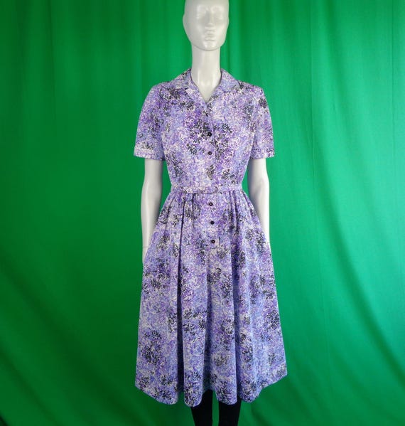 Vintage Retro Handmade Clothing Jersey Day Shift Shirtwaist Dress 40s 50s S Floral Lilac Purple White Black Wedding Party Formal Casual Gift