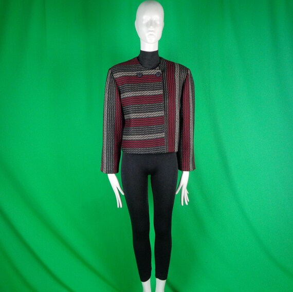 Vintage Retro Clothing French Button Crop Blazer Suit Jacket Top Coat 60s 70s Mid Century Stripe L Wedding Party Evening Formal Casual Gift
