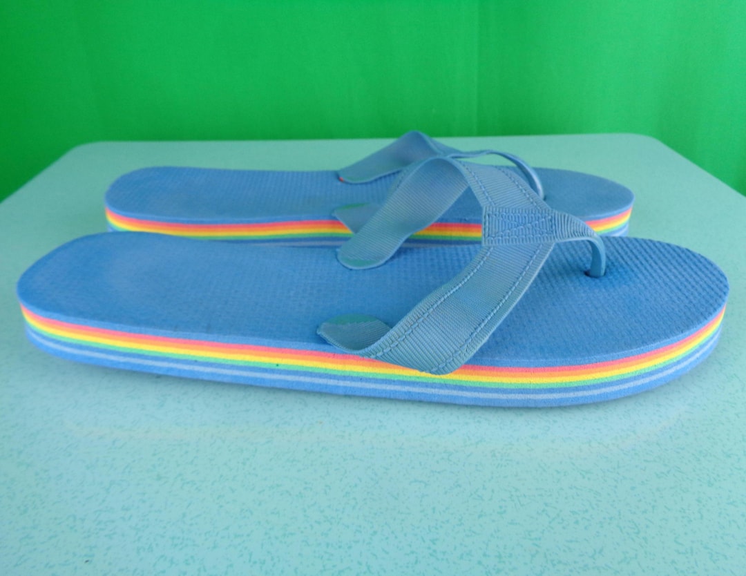 Vintage Retro Blue Rainbow Flip Flops Sandals Thongs Flats Shoes