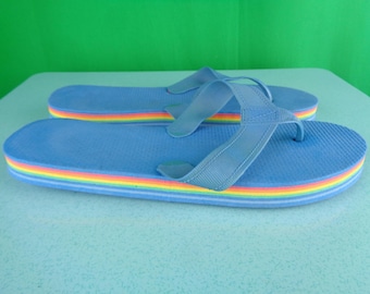 Vintage Blue Rainbow Flip Flops: 1970s-80s Coastal Beach Sandals