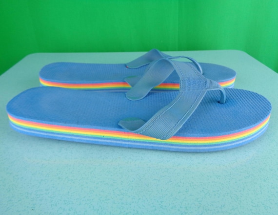 Vintage Retro Blue Rainbow Flip Flops Sandals Thongs Flats Shoes Footwear 1970s 1980s CA US 11 1/2 Coastal Sun Beach Resort Holiday Gift