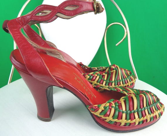 Vintage Retro Strappy Slingback Pumps Sandals Shoes Heels 1940s 50s Mid Century Loesers Brooklyn U.K 4 1/2 Wedding Party Evening Formal Gift