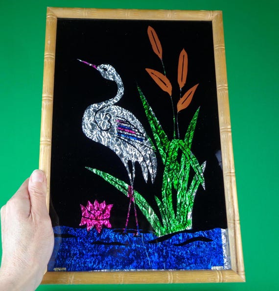 Vintage Retro Crane Bird Wall Hanging Picture Portrait Frame 40s 50s WW2 Mid Century Visual Art Collect Reverse Foil Bamboo Home Decor Gift