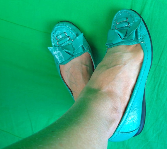 Vintage Naturalizer Patent Leather Loafers Flats Shoes Footwear Slides Slip Ons 6 Wedding Party Evening Formal Casual Gift Teal Blue Green