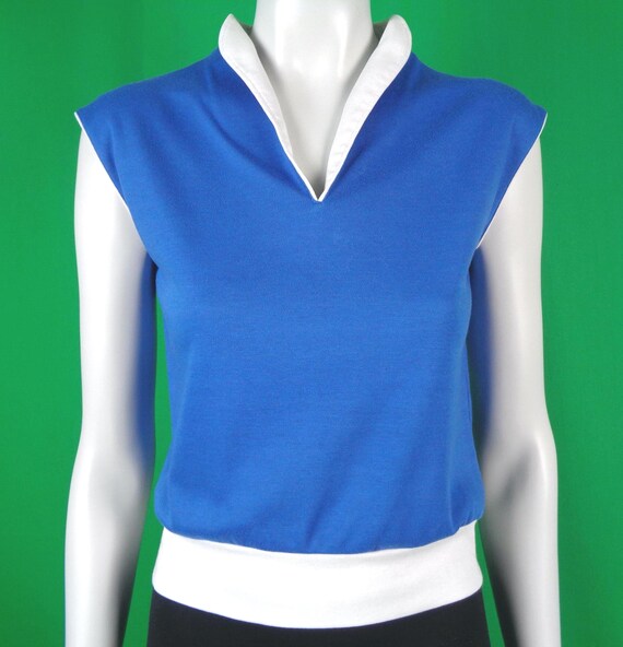 Vintage Retro Clothing Apparel Pullover Top Shirt Blouse Sportwear 1970s 80s S Blue White Cotton Blue White Party Evening Formal Casual Gift