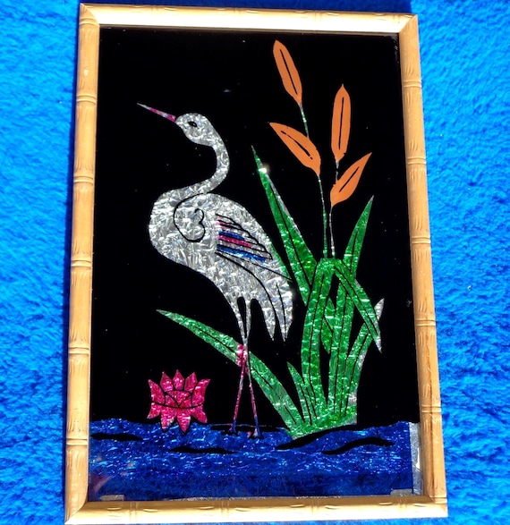 Vintage Crane Wall Hanging: 40s-50s Bird Picture Frame, Mid Century Decor Gift Reverse Foil Bamboo