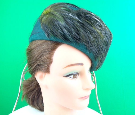 Vintage Retro Accessorie Pillbox Hat Green Black … - image 2