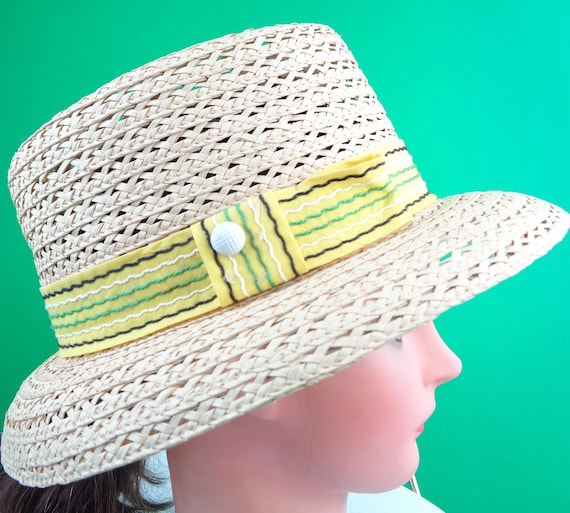 Vintage Retro Accessorie Kentucky Derby Straw Sun Skimmer Hat 1940s 50s Boat Sport Golf Fish Tan Beige Yellow Safari Topper Mid Century Gift