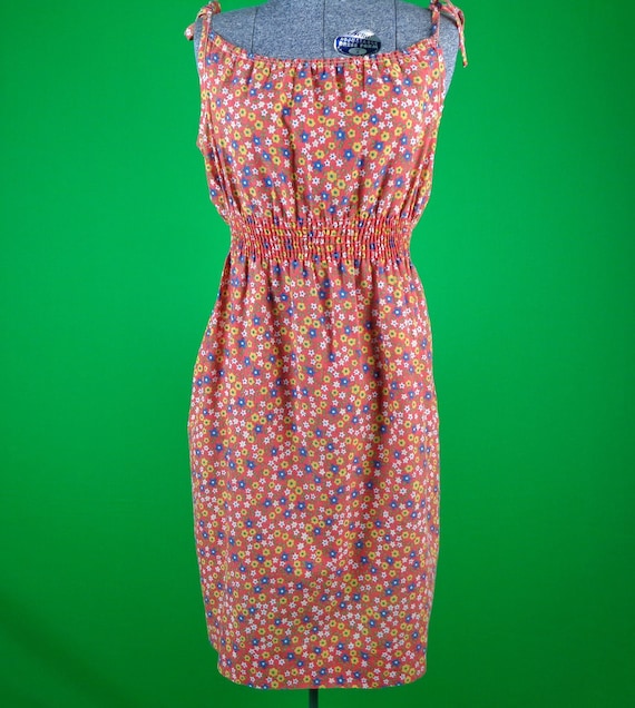 Vintage Retro Handmade Clothing Tie Cotton Sun Dress 60s 70s Small Medium Peasant Boho Hippie Floral Red Blue Yellow Green White Casual Gift