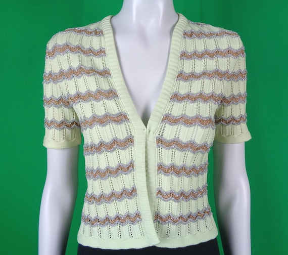 Vintage Retro Clothing Apparel Top Blouse Jersey Knitwear Duster 60s 70s Mid Century Chevron Green Gold Silver XS Wedding Party Casual Gift