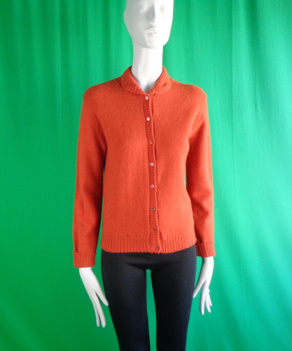 Vintage Retro Clothing Apparel Hudsons Bay Company Button Cardigan Sweater Top 1950s 60s Mid Century S Orange Wool Party Formal Casual Gift