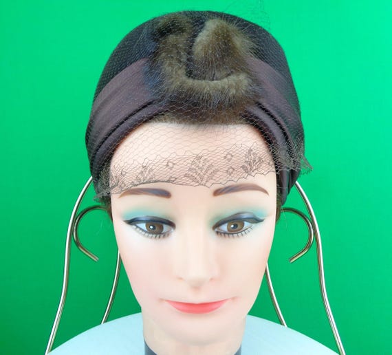 Vintage Retro Pillbox Veil Capulet Turban Cloche Hat 1950s 60s Mid Century Brown 22" Wedding Party Formal Evening Gift Accessorie